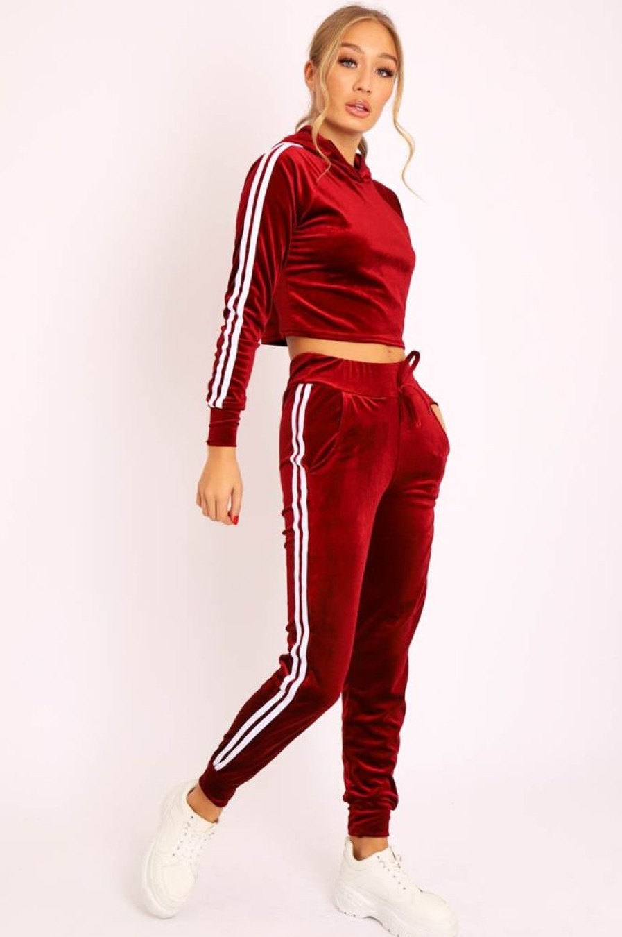 Clothing Rebellious Fashion | Wine White Stripes Velvet Hoodie And Joggers Co-Ord - Matie