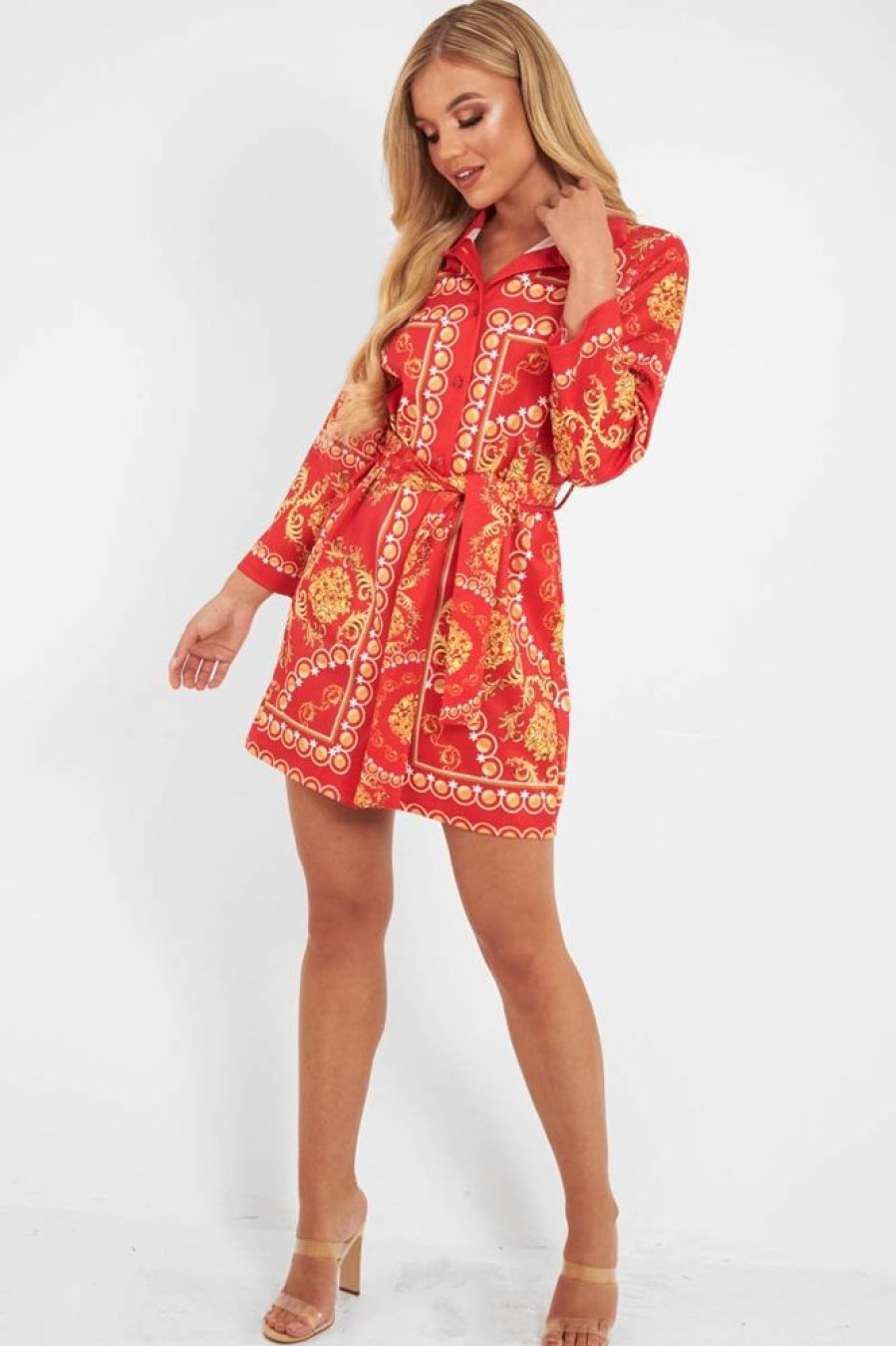 Clothing Rebellious Fashion | Red Gold Chain Print Belted Shirt Dress - Estie