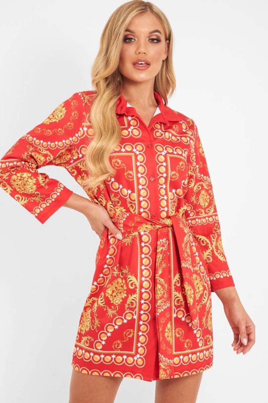 Clothing Rebellious Fashion | Red Gold Chain Print Belted Shirt Dress - Estie