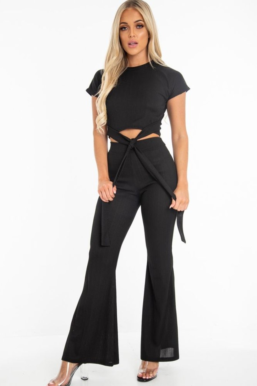 Clothing Rebellious Fashion | Black Bandage Rib Tie Waist T-Shirt Trousers Co-Ord - Kalise