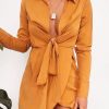 Clothing Rebellious Fashion | Mustard Tie Front Plunge Wrap Shirt Dress - Bexlee