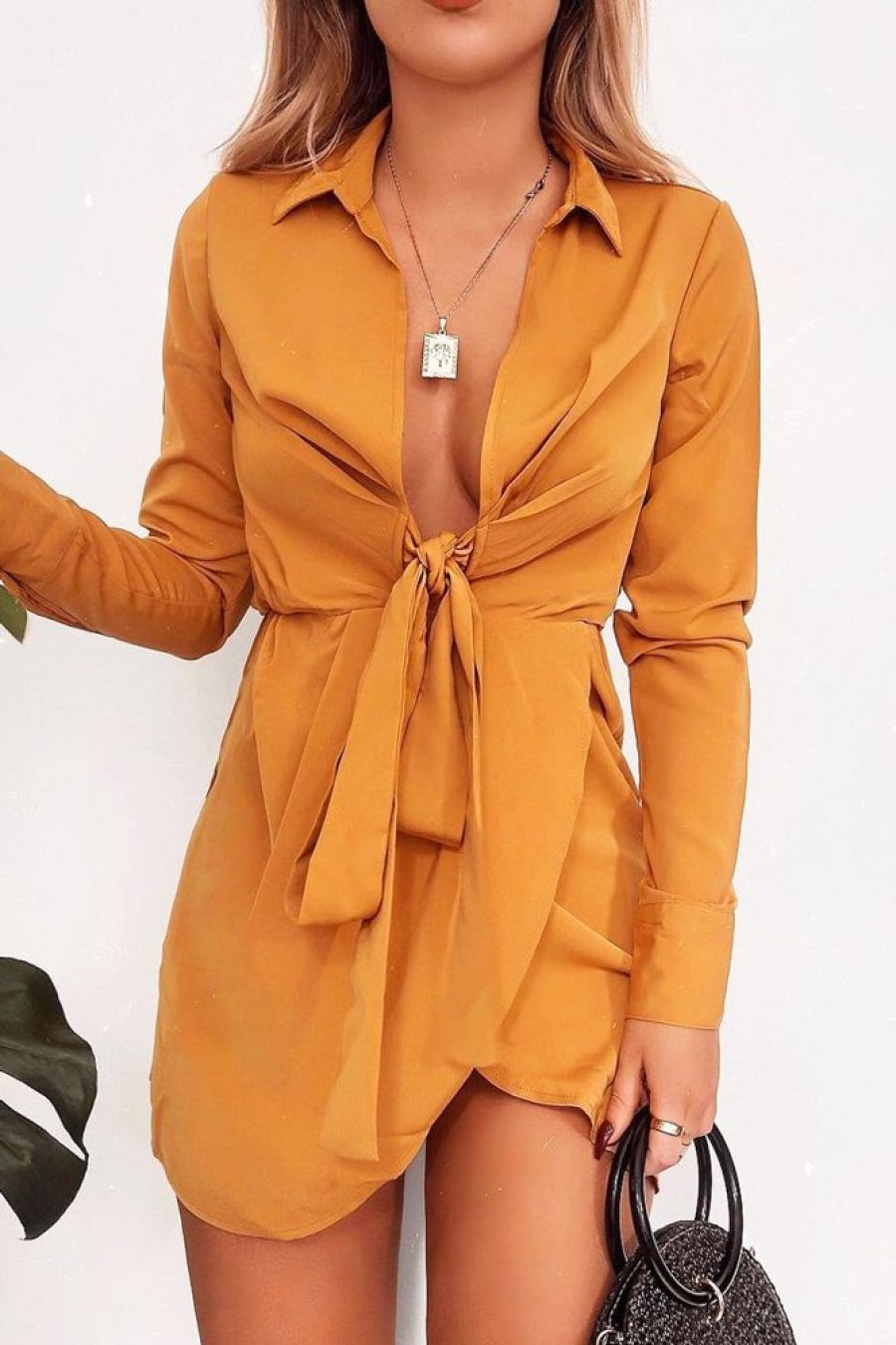 Clothing Rebellious Fashion | Mustard Tie Front Plunge Wrap Shirt Dress - Bexlee