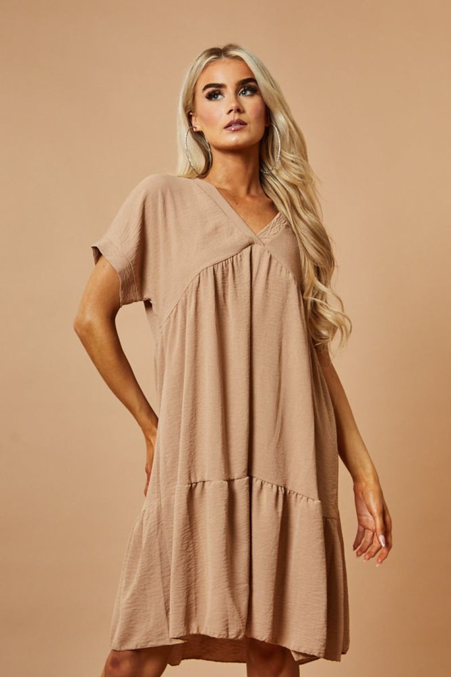 Clothing Rebellious Fashion | Beige V-Neck Tiered Frill Mini Dress - Kate