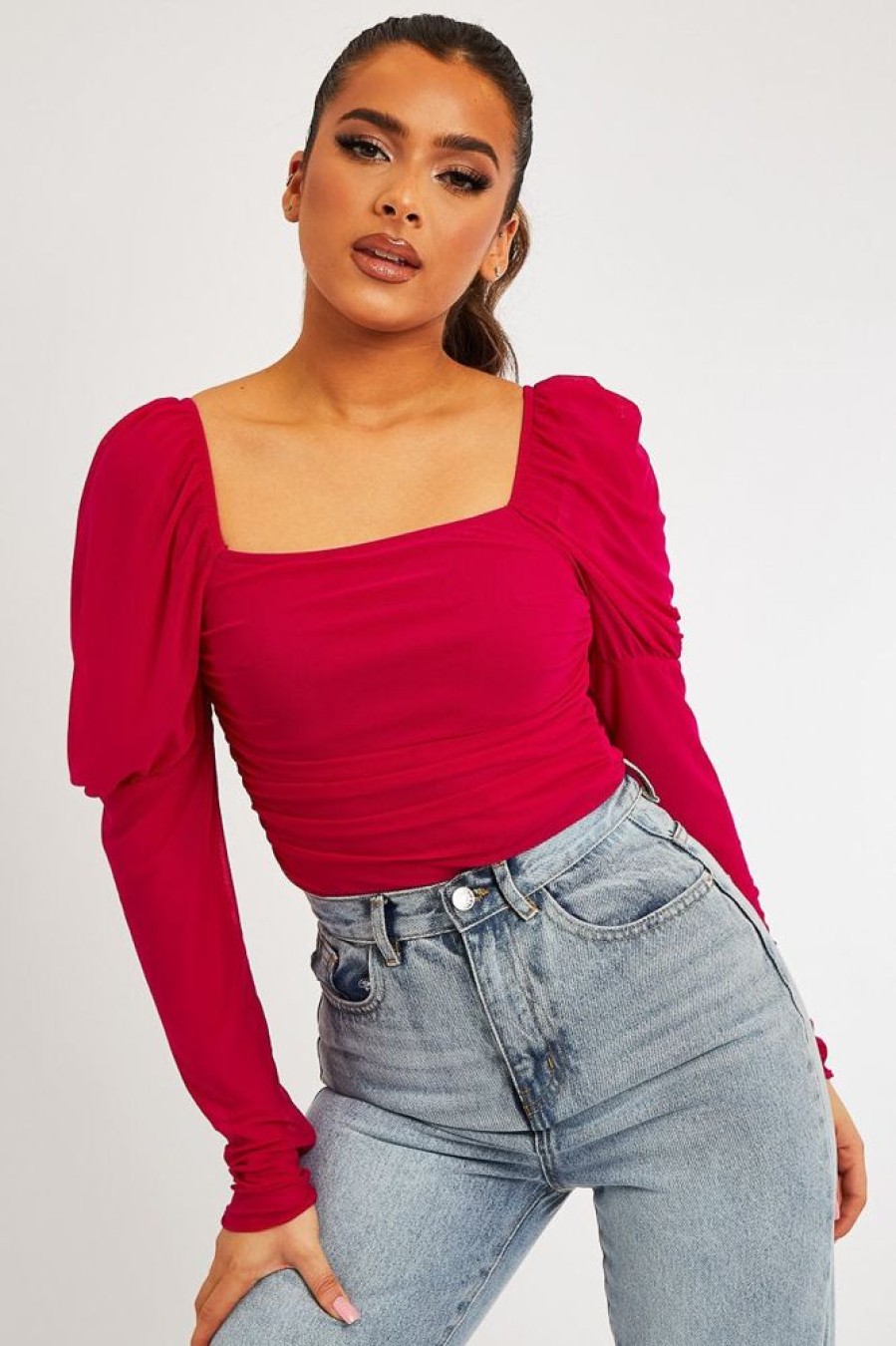 Clothing Rebellious Fashion | Fuchsia Ruched Body Mesh Sleeve Bodysuit - Raeya