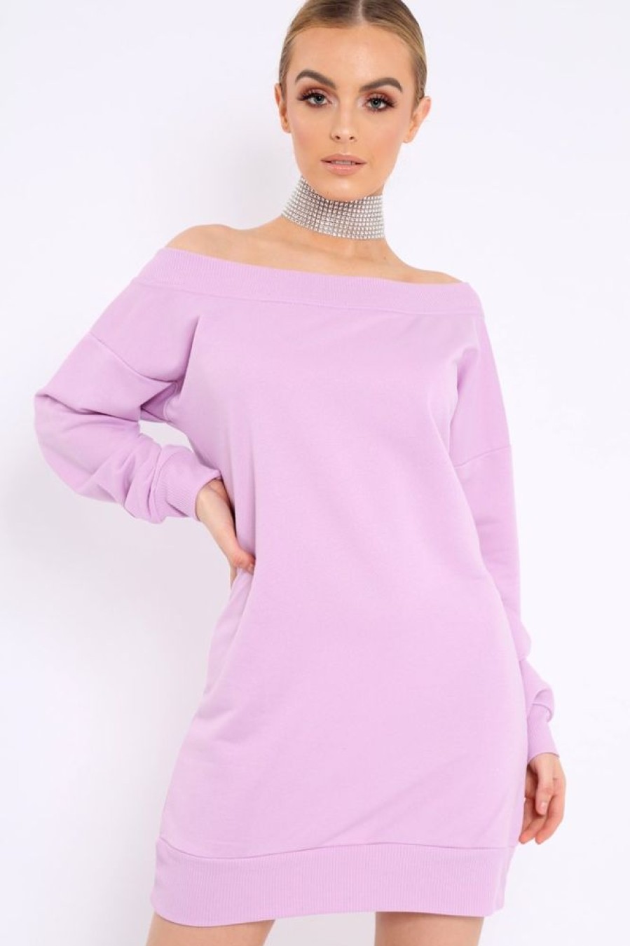 Clothing Rebellious Fashion | Lilac Bardot Sweater Dress - Ariel