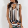 Clothing Rebellious Fashion | Brown Stripe Geo Border Print Cut Out High Neck Dress - Perla