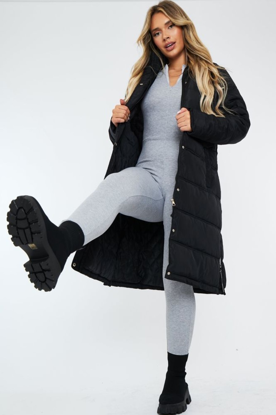 Clothing Rebellious Fashion | Black Zip Hem Longline Puffer Coat - Vonnie