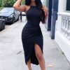 Clothing Rebellious Fashion | Black Ribbed Wrap Front Tie Detail Midi Dress - Praise