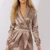 Clothing Rebellious Fashion | Taupe Satin Wrap Dress - Jolene