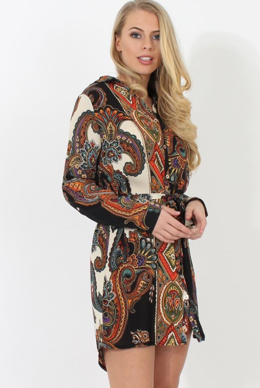 Clothing Rebellious Fashion | Black Paisley Print Shirt Dress - Pearl