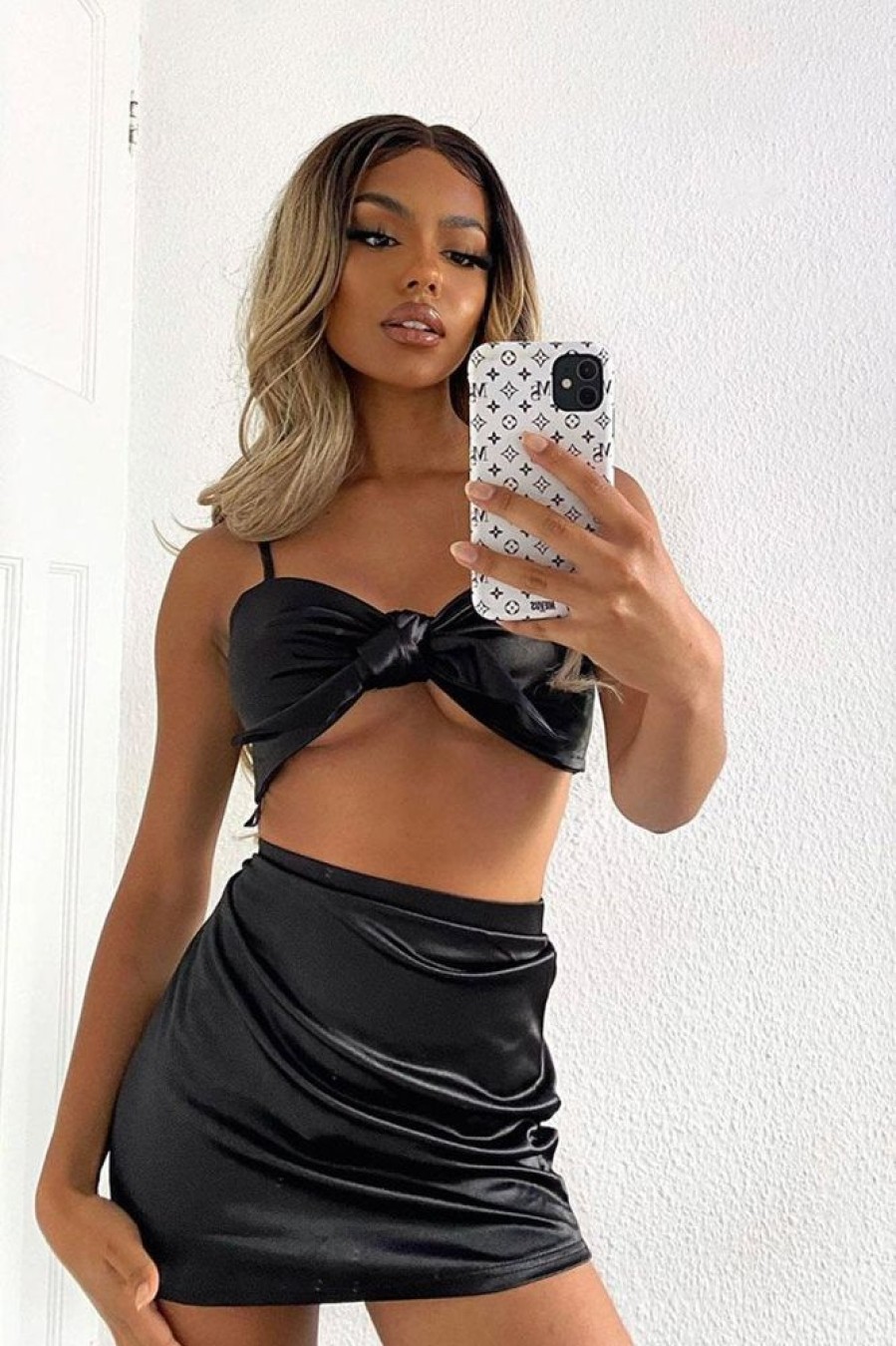 Clothing Rebellious Fashion | Black Tie Front Satin Crop Top + Skirt Co-Ord - Orla