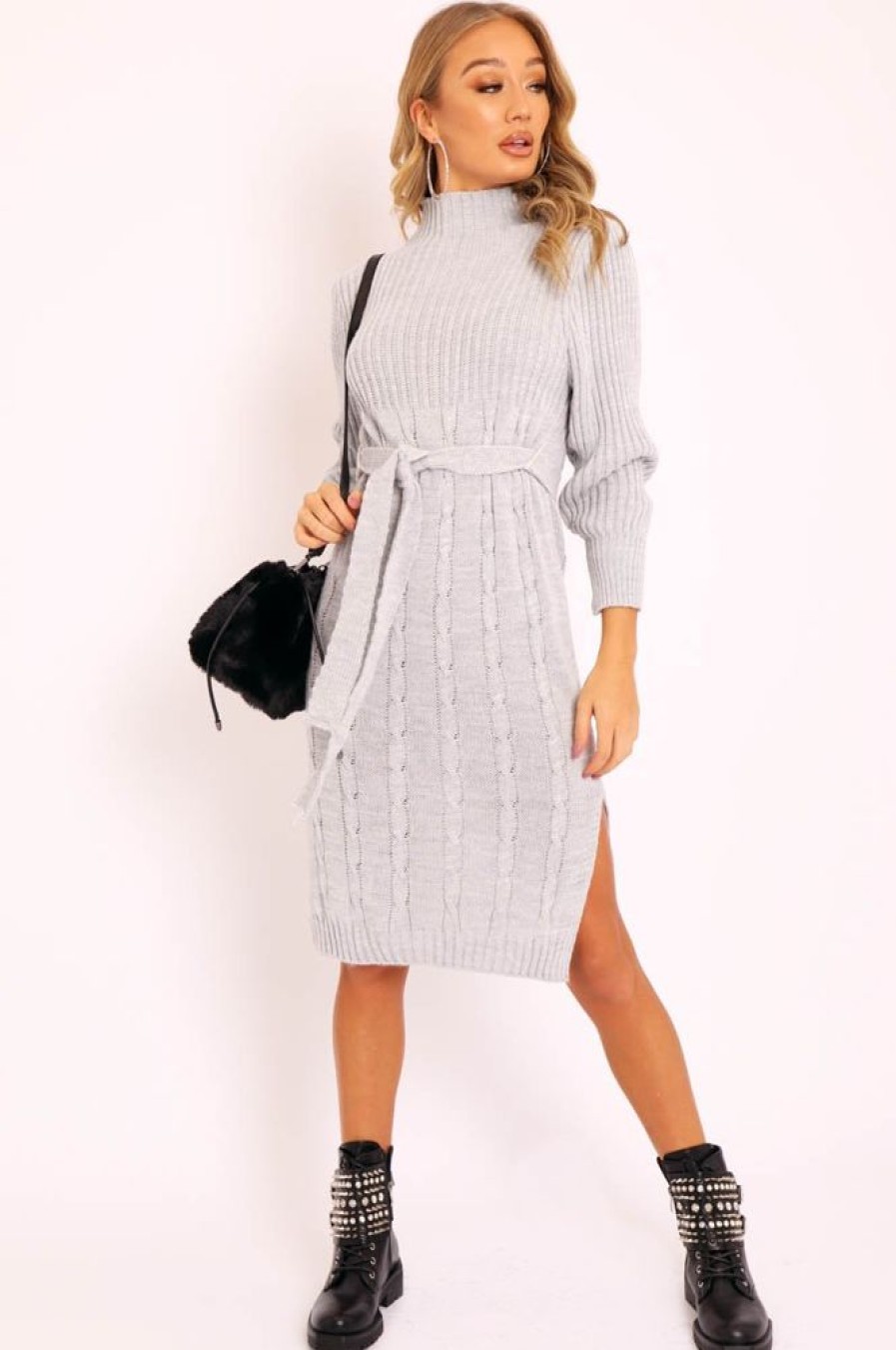 Clothing Rebellious Fashion | Grey Tie Waist High Neck Midi Jumper Dress - Ennie