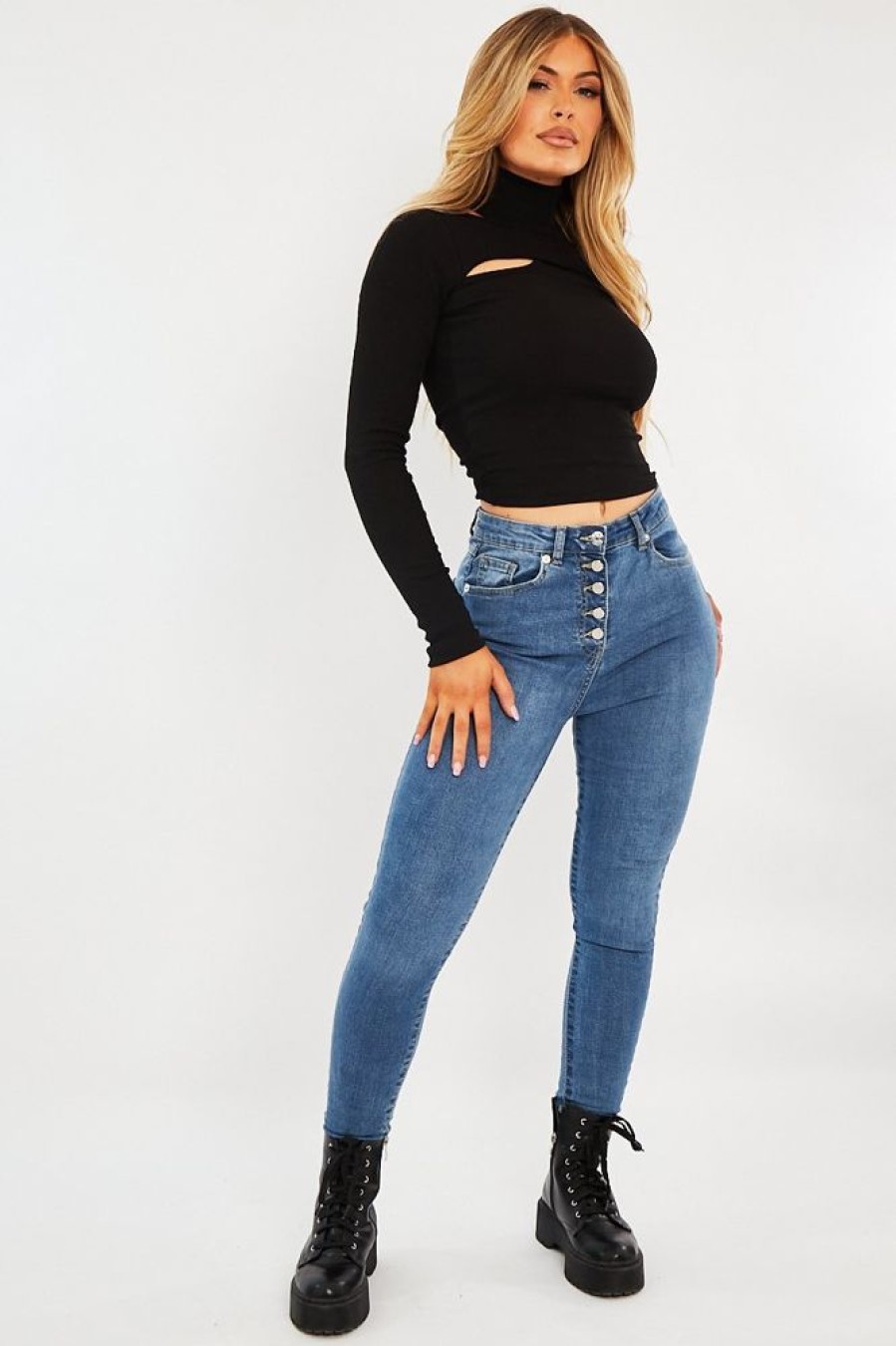 Clothing Rebellious Fashion | Blue Button Fly Skinny Jeans - Ellah