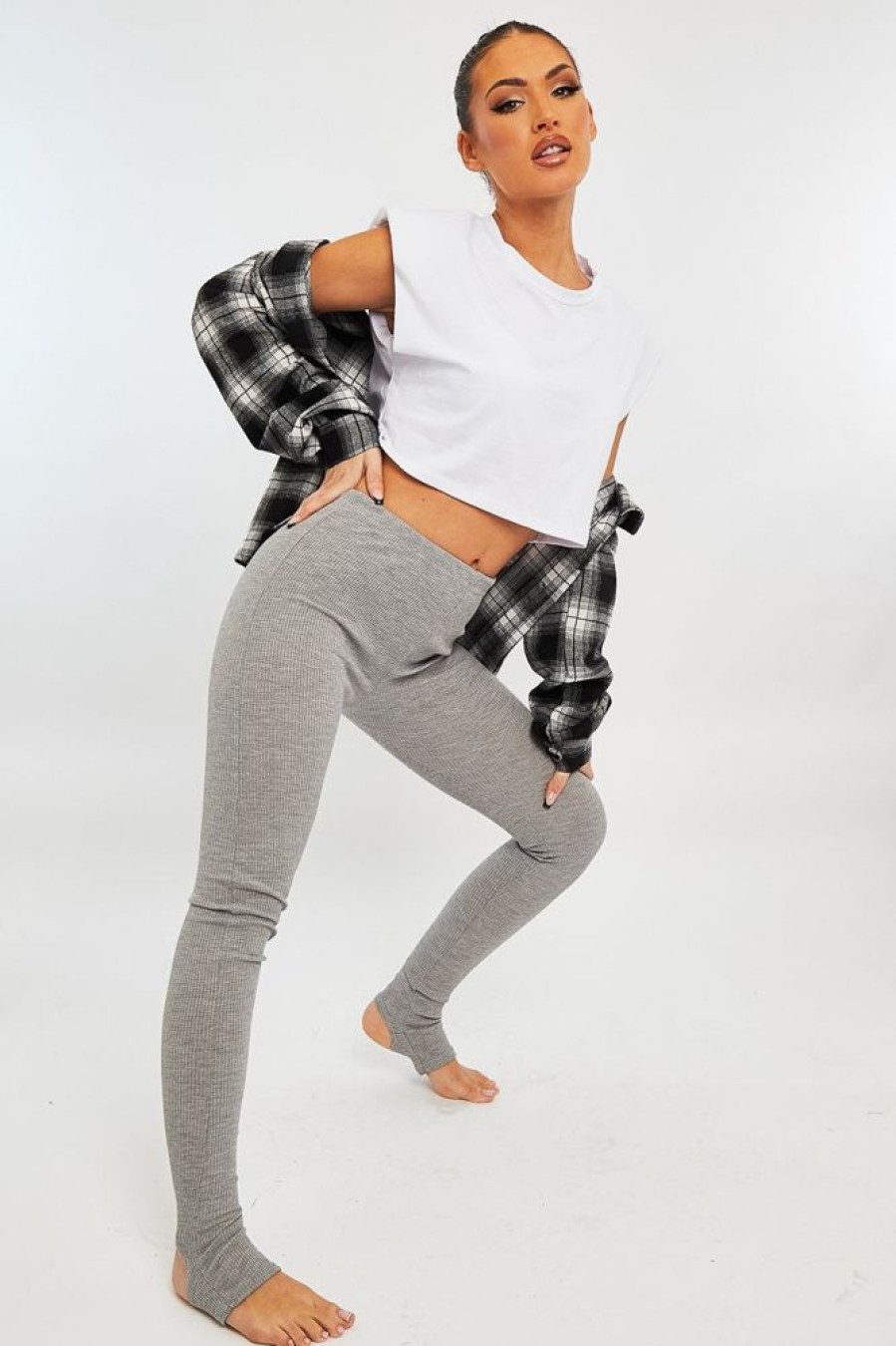 Clothing Rebellious Fashion | Light Grey Ribbed Fabric Stirrup Leggings - Jayne