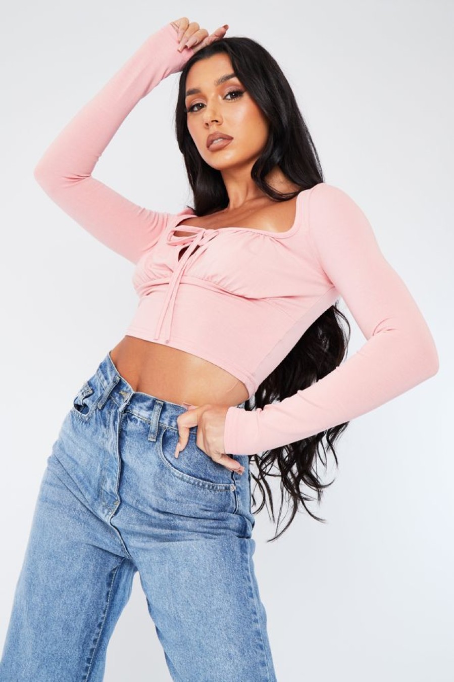 Clothing Rebellious Fashion | Pink Gathered Front Jersey Crop Top - Jordan