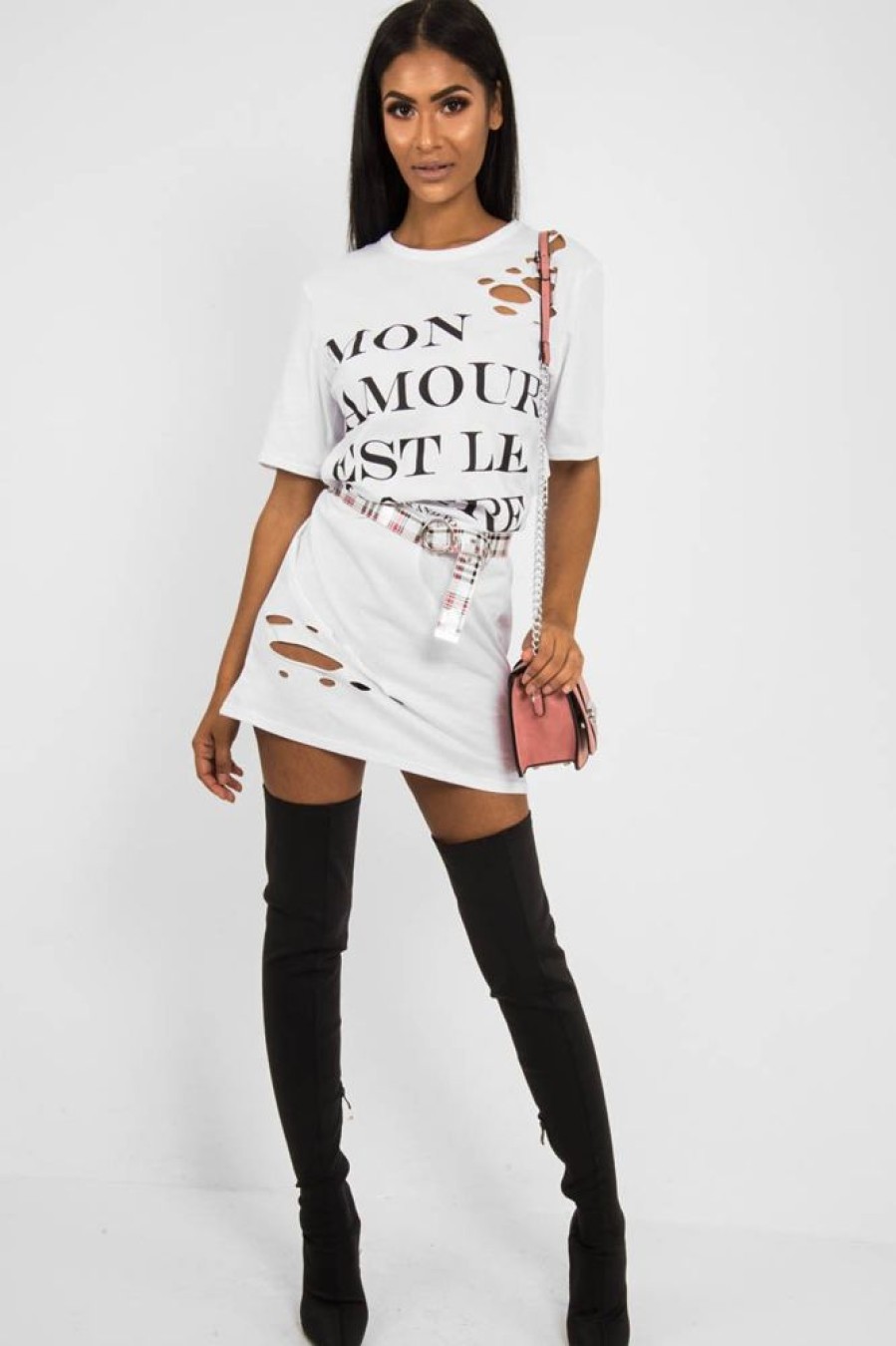 Clothing Rebellious Fashion | White Slogan Distressed T-Shirt Dress - Ashlen