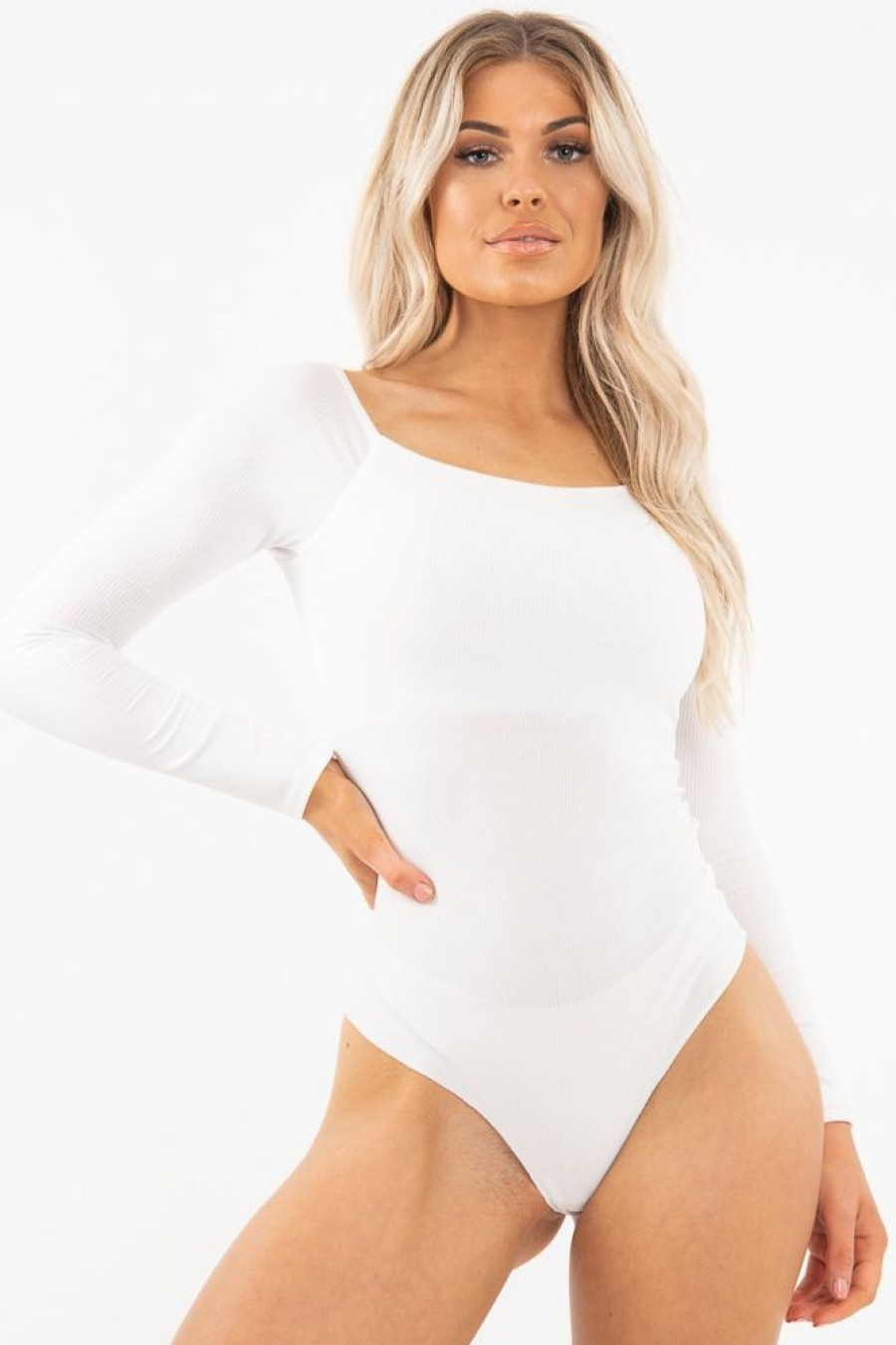 Clothing Rebellious Fashion | Cream Ribbed Square Neck Bodysuit - Alysha