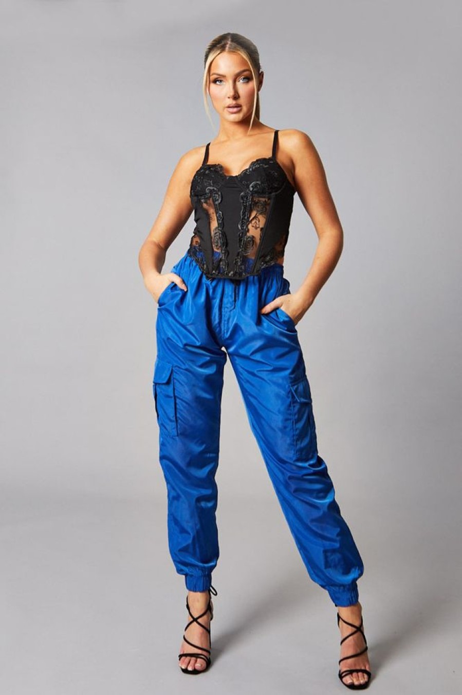 Clothing Rebellious Fashion | Blue Cuffed Hem Shell Cargo Joggers - Iris