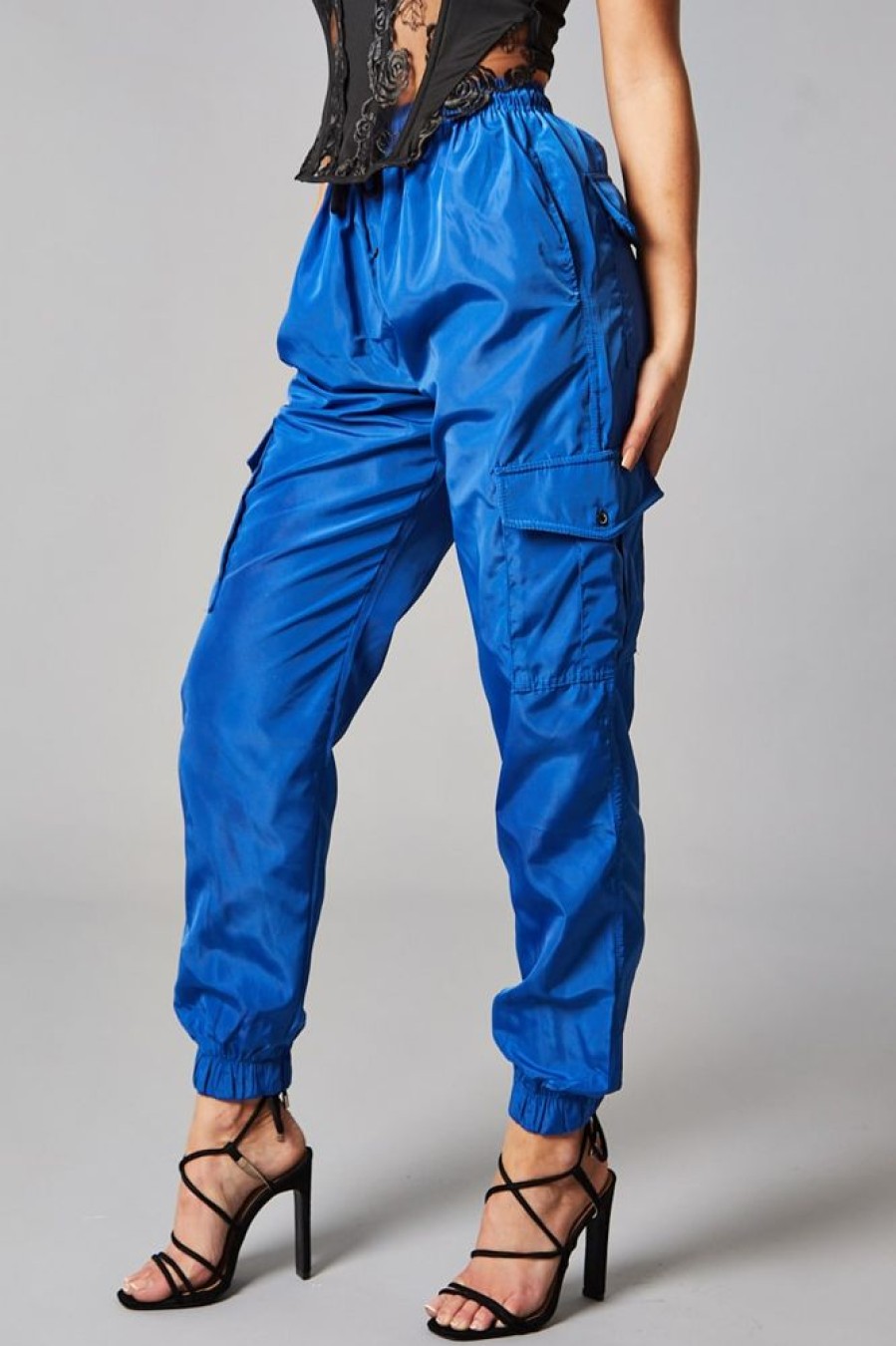 Clothing Rebellious Fashion | Blue Cuffed Hem Shell Cargo Joggers - Iris