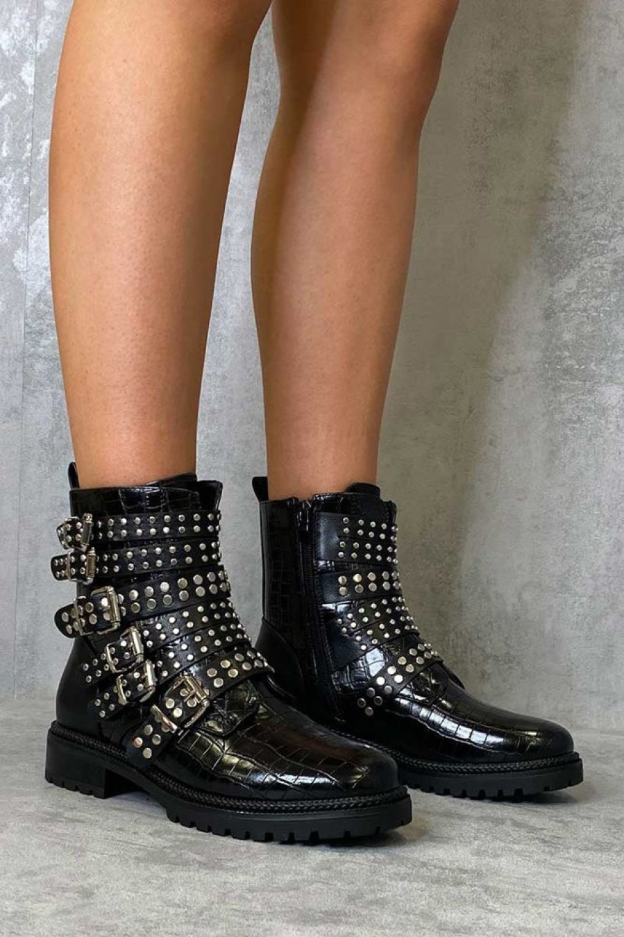 Shoes Rebellious Fashion | Black Croc Multi Buckle Ankle Boot - Whitley