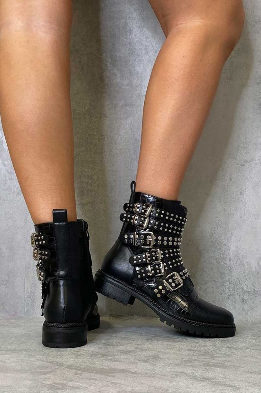 Shoes Rebellious Fashion | Black Croc Multi Buckle Ankle Boot - Whitley