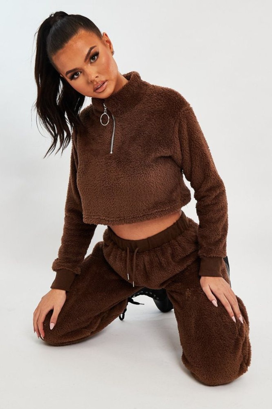 Clothing Rebellious Fashion | Chocolate Cropped Zip Front Teddy Jumper - Brady