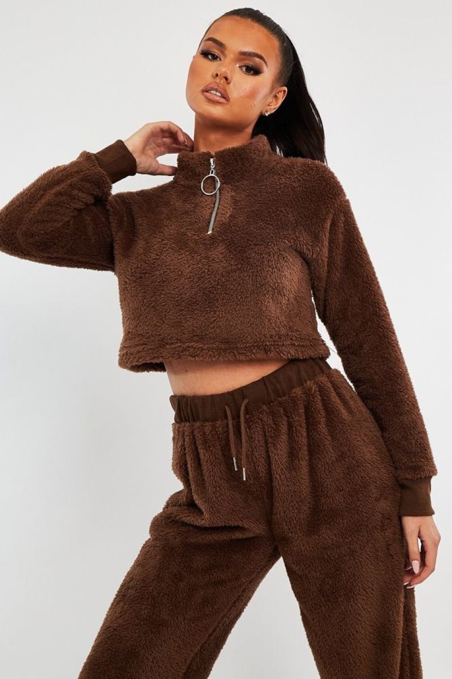 Clothing Rebellious Fashion | Chocolate Cropped Zip Front Teddy Jumper - Brady