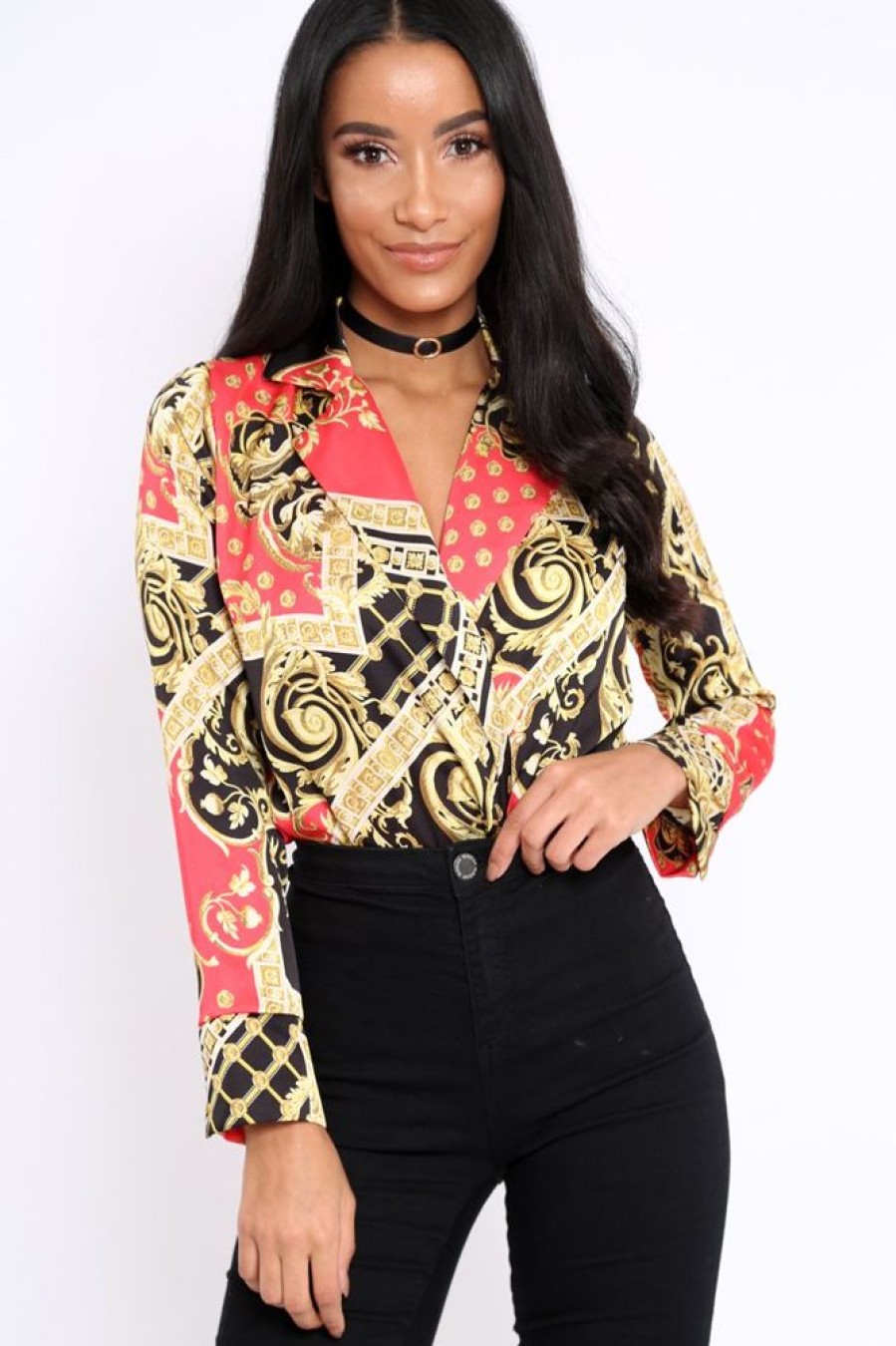 Clothing Rebellious Fashion | Red And Gold Scarf Print Satin Plunge Bodysuit - Moniqua