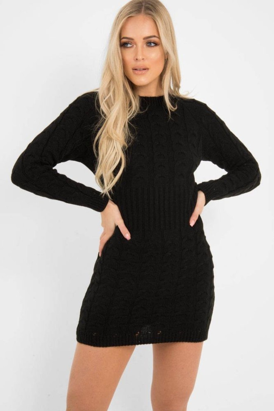 Clothing Rebellious Fashion | Black Cable Knit Jumper Midi Dress - Jaylie