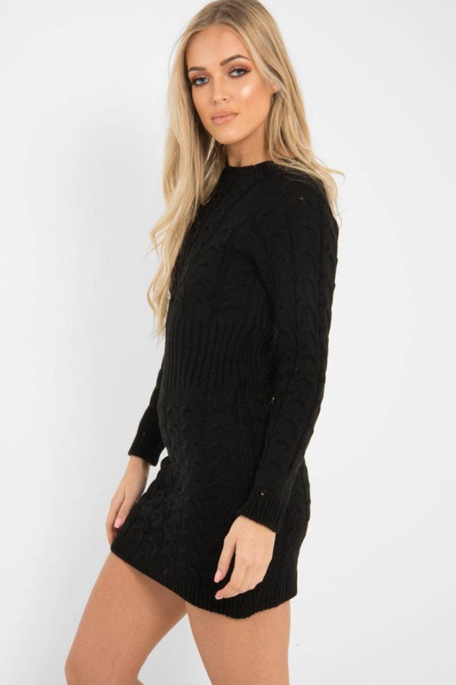 Clothing Rebellious Fashion | Black Cable Knit Jumper Midi Dress - Jaylie