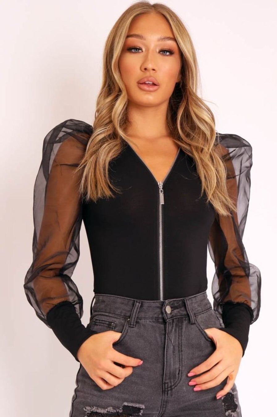 Clothing Rebellious Fashion | Black Zip Front Sheer Puff Sleeves Bodysuit - Vylet