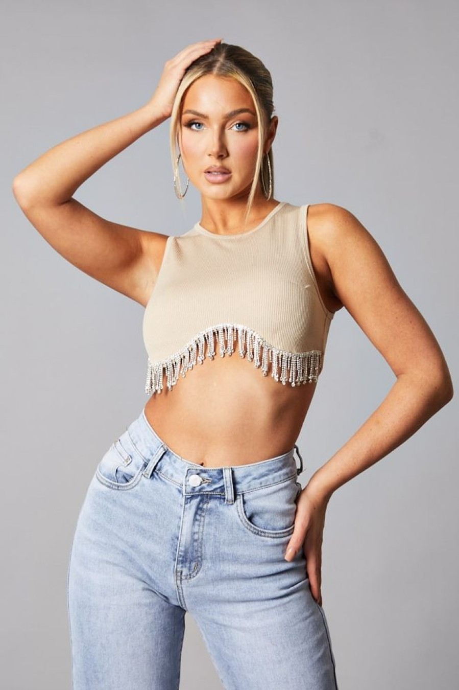 Clothing Rebellious Fashion | Beige Rib Knit Diamante Detail Cropped Top -- Jade