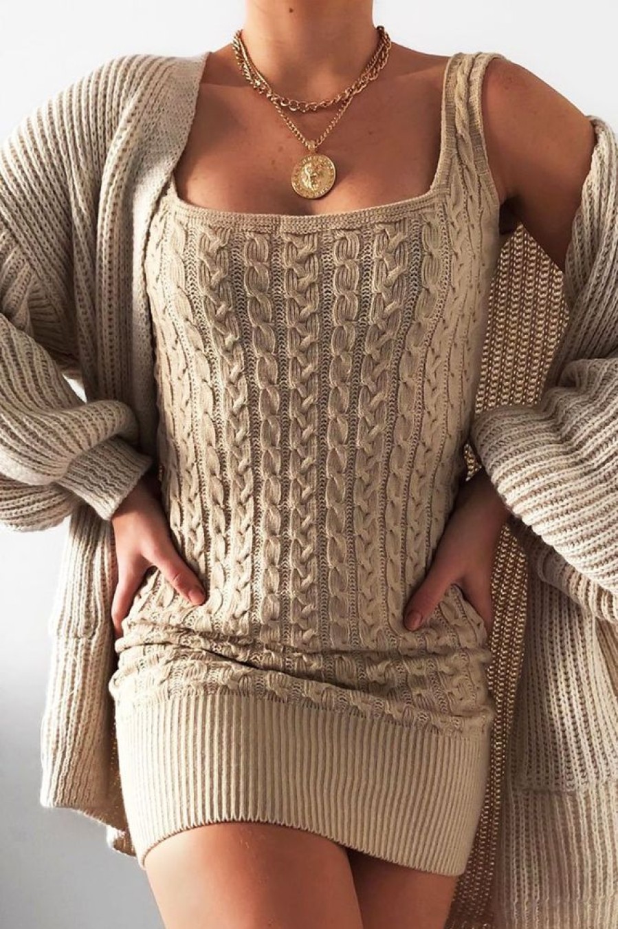 Clothing Rebellious Fashion | Beige Cable Knit Mini Jumper Dress - Willow