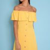 Clothing Rebellious Fashion | Yellow Bardot Frill Button Front Dress - Julissa