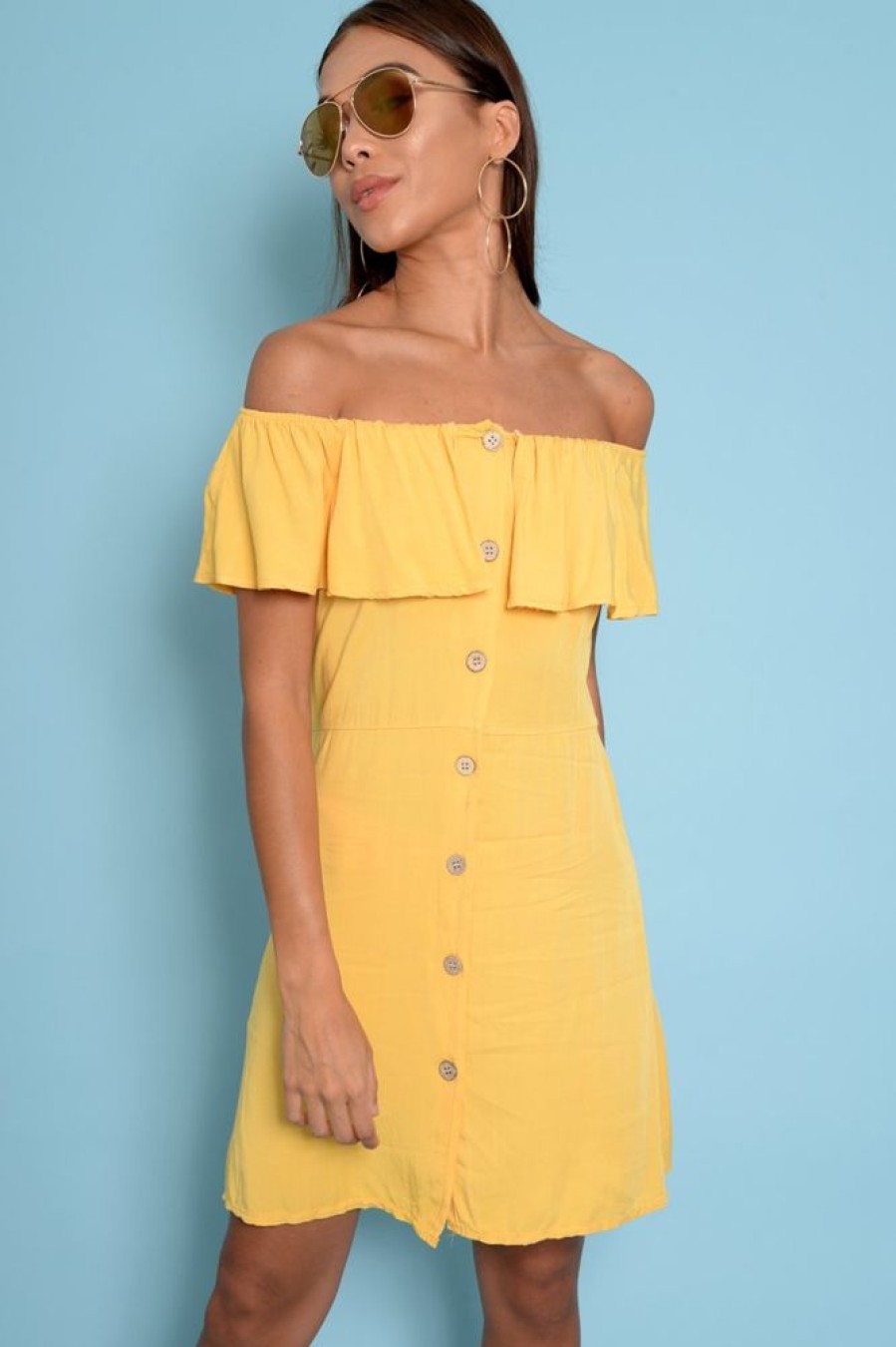 Clothing Rebellious Fashion | Yellow Bardot Frill Button Front Dress - Julissa