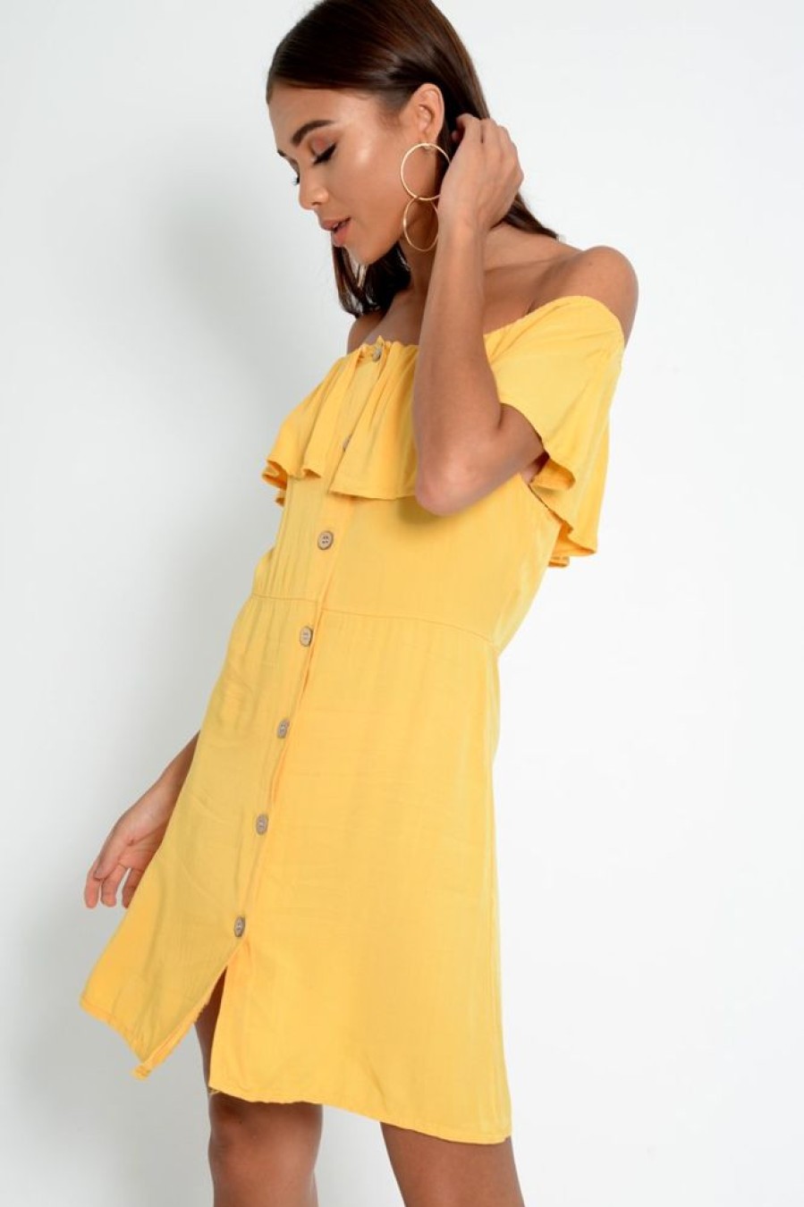 Clothing Rebellious Fashion | Yellow Bardot Frill Button Front Dress - Julissa