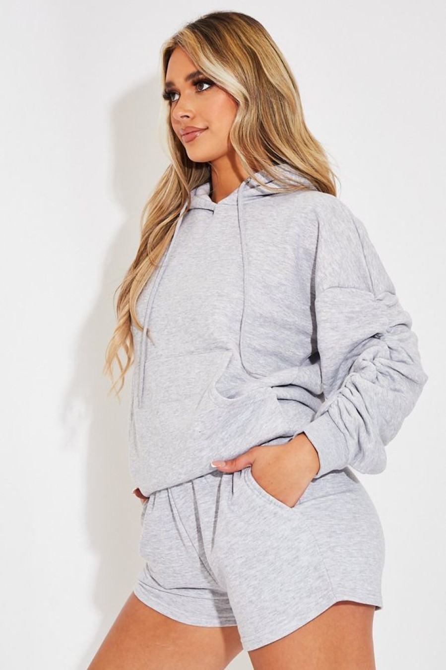 Clothing Rebellious Fashion | Light Grey Ruched Sleeve Oversized Hoodie - Dezi