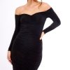 Clothing Rebellious Fashion | Black Ruched Slinky Bardot Midi Dress - Myla