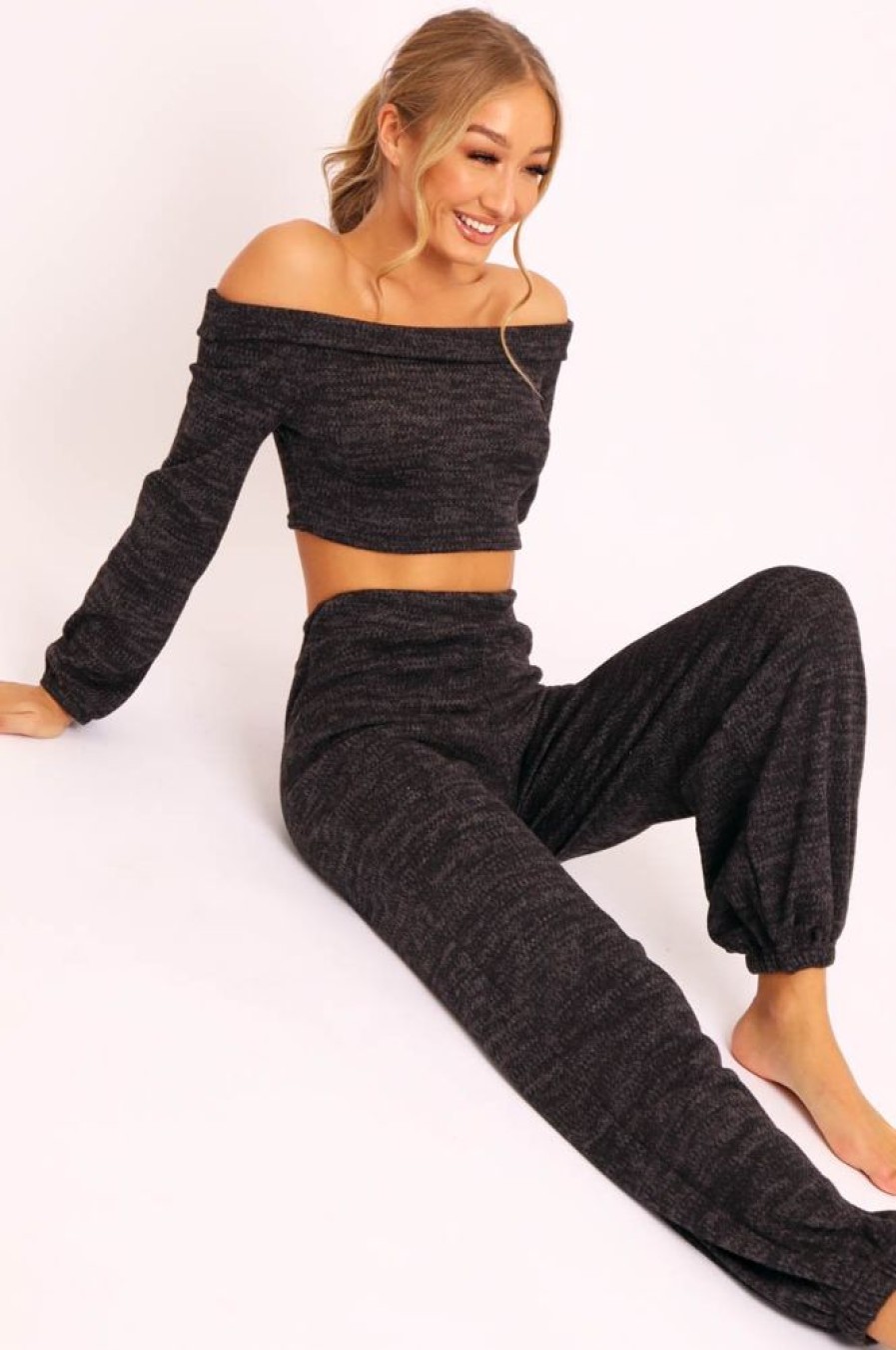 Clothing Rebellious Fashion | Black Knitted Bardot Top And Oversized Joggers Loungewear Co-Ord - Lorel