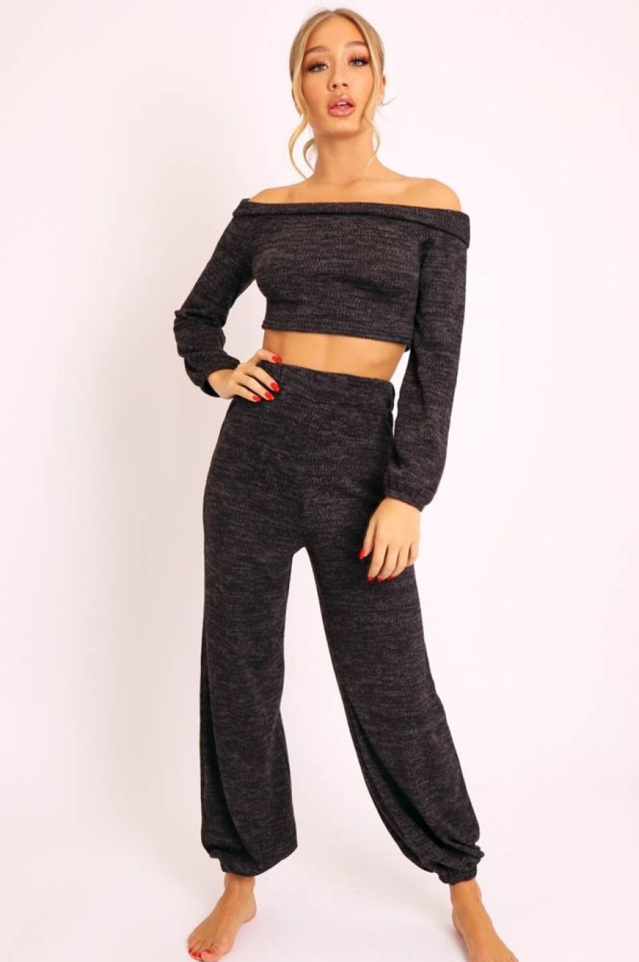 Clothing Rebellious Fashion | Black Knitted Bardot Top And Oversized Joggers Loungewear Co-Ord - Lorel