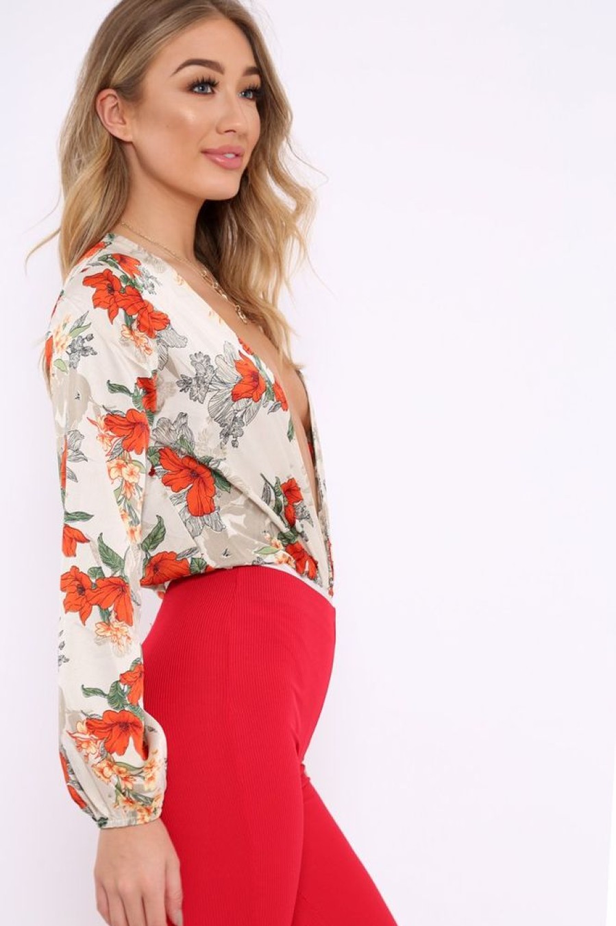 Clothing Rebellious Fashion | Cream Floral Long Sleeve Plunge Bodysuit - Nicole