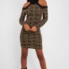 Clothing Rebellious Fashion | Beige Black Repeat Pattern Cold Shoulder Dress - Donya