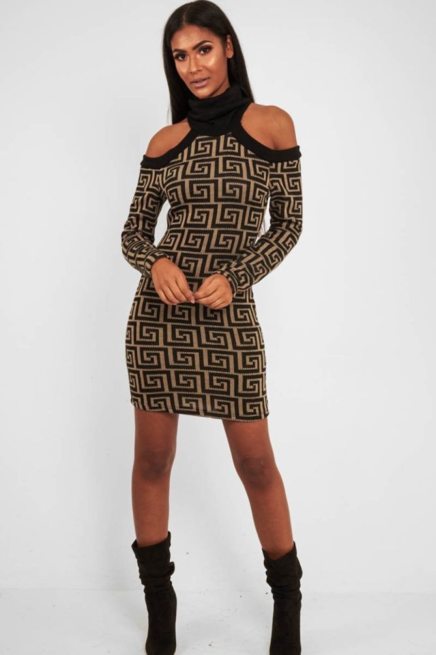 Clothing Rebellious Fashion | Beige Black Repeat Pattern Cold Shoulder Dress - Donya