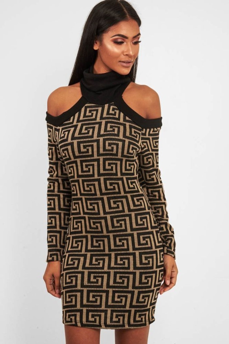 Clothing Rebellious Fashion | Beige Black Repeat Pattern Cold Shoulder Dress - Donya