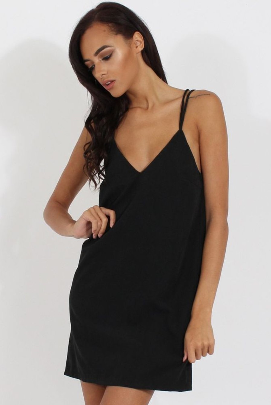 Clothing Rebellious Fashion | Black Faux Suede Strappy Back Slip Dress - Sylvie