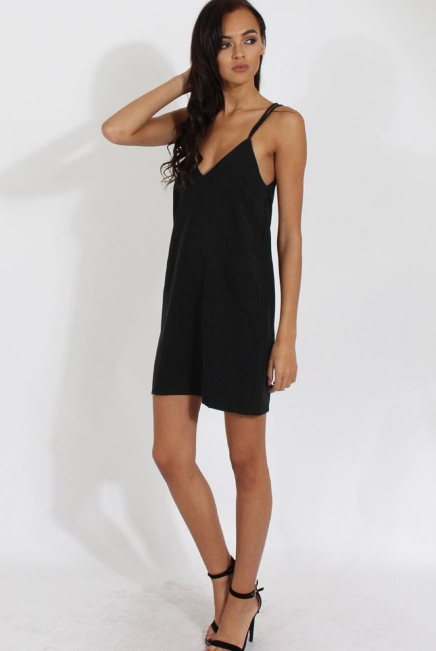 Clothing Rebellious Fashion | Black Faux Suede Strappy Back Slip Dress - Sylvie