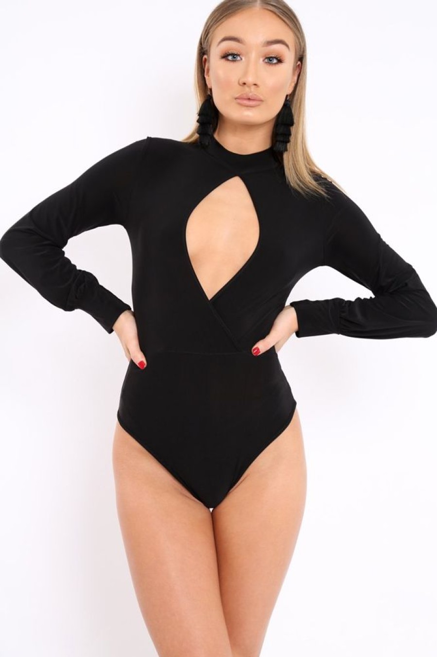 Clothing Rebellious Fashion | Black Slinky Key Hole Wrap Front Bodysuit - Tazmin