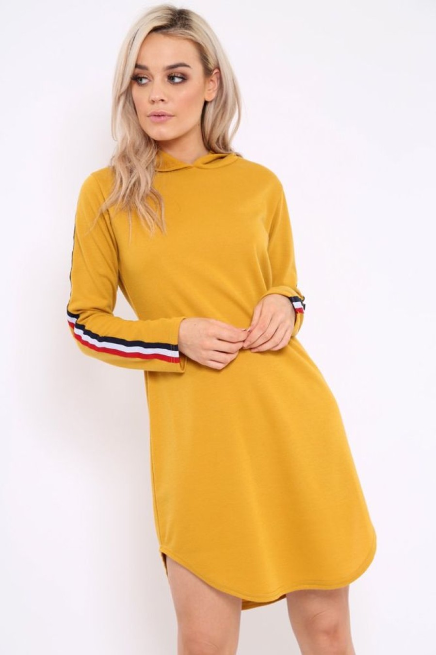 Clothing Rebellious Fashion | Mustard Sleeve Sports Trim Curve Hem Jumper Dress - Dixie