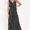 Clothing Rebellious Fashion | Black White Stripe Plunge Wrap Maxi - Skyelin