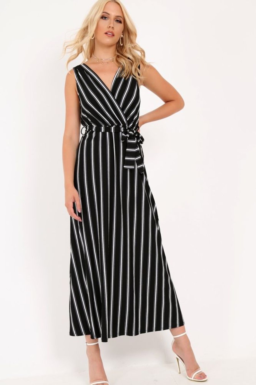 Clothing Rebellious Fashion | Black White Stripe Plunge Wrap Maxi - Skyelin